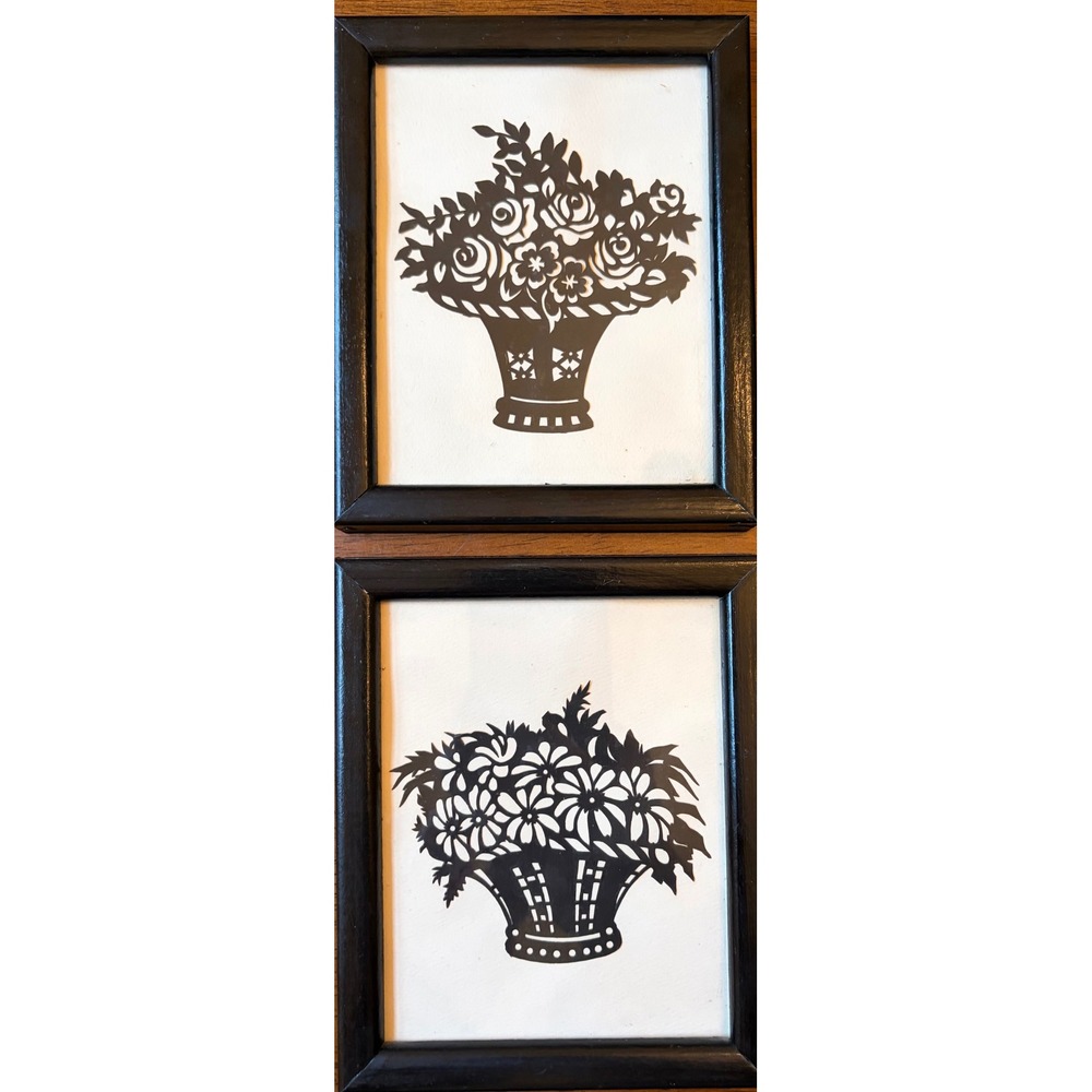 Vintage Framed Floral Basket Paper Cut Silhouette Wall Art Set of 2 Black White - Picture 1 of 2